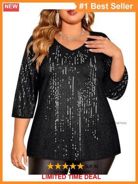 Plus Size Sequin Tunic Top 3/4 Sleeve V-Neck Party Blouse